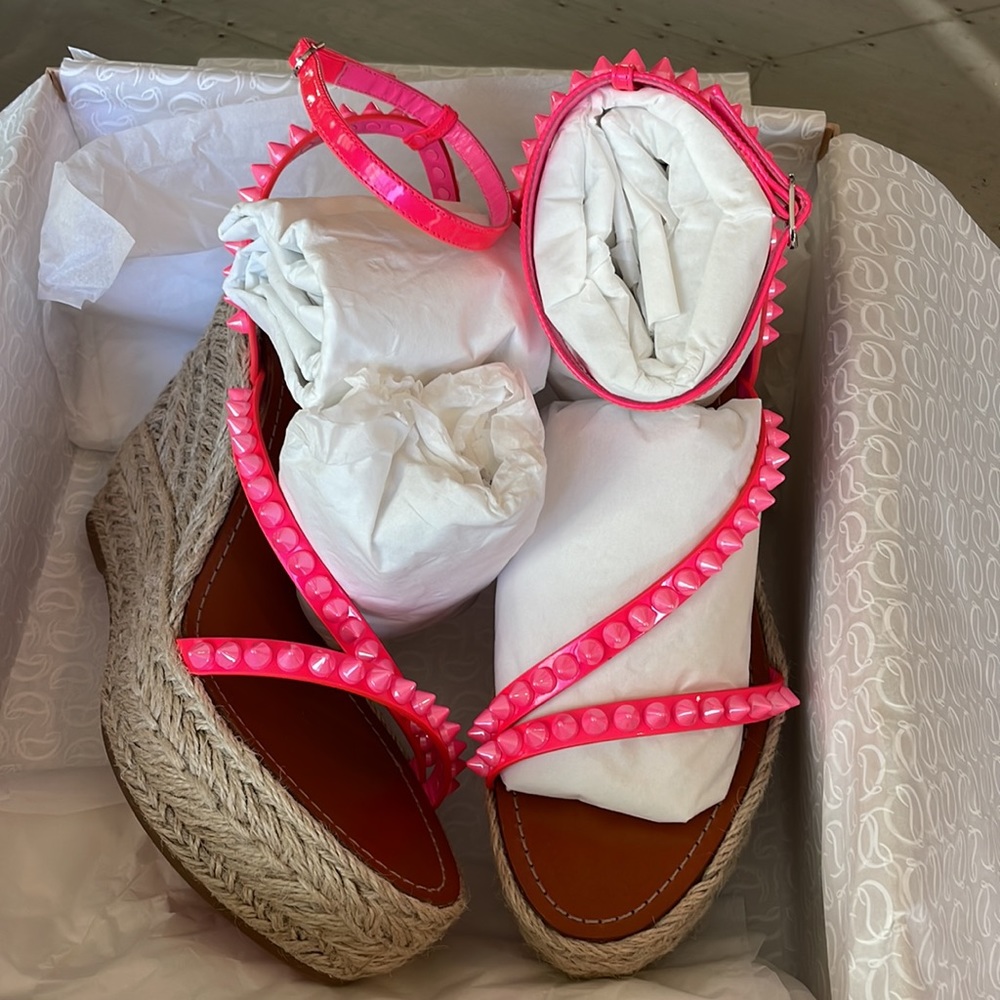 Christian louboutin mafaldina 120mm wedge espadrille pink neon sandal sz 40 - Picture 14 of 14